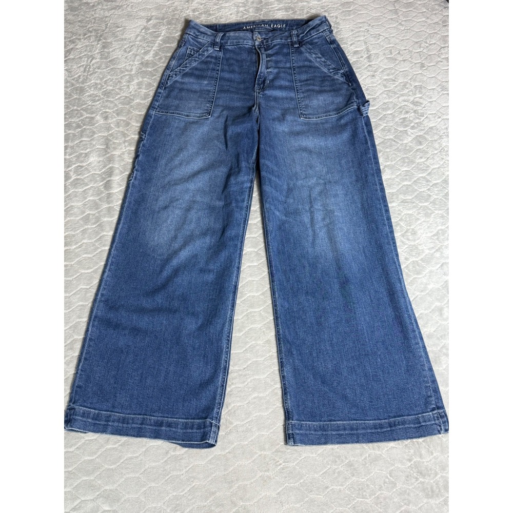 American Eagle Women Size 8 Short Wide Leg Carpenter Jeans Blue Stretch Y2K
